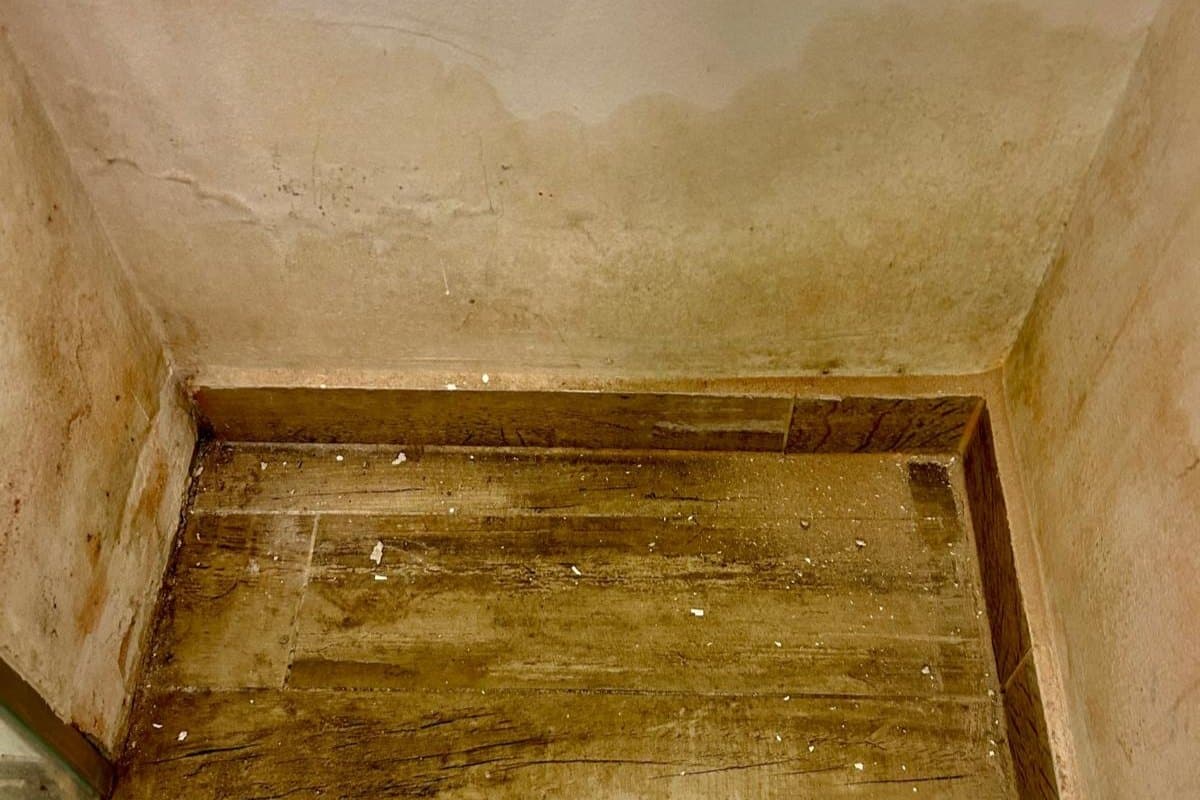 Schimmelsanierung vorher: feuchte, fleckige Wand mit Schimmelbefall in einer Raumecke in St. Pölten